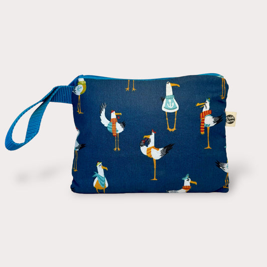 Large Pouch . Crazy Seagulls. Fabric